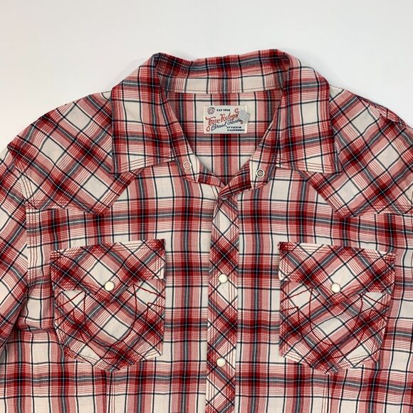 True Religion Western Shirt Mens 3XL XXXL Red Navy Plaid Pocket Snap Button Up - Picture 4 of 13